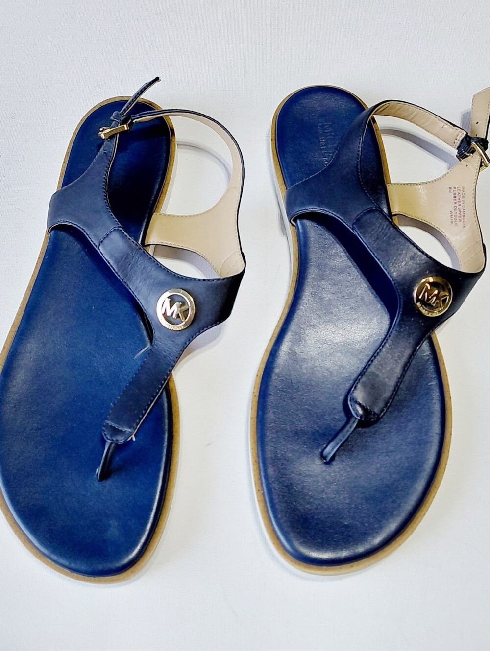 MICHAEL KORS Women's  Navy Gold MK Logo Thong Sandals Size 8M